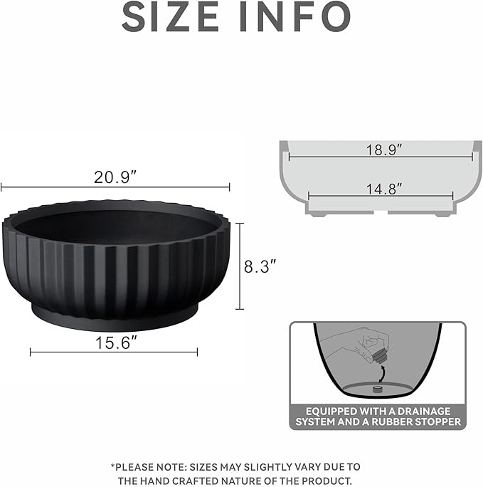 Kante Round Fulted Bowl Planter, 20.9 Inch Dia Large Concrete Flower Pots with Drainage Hole and Rubber Plug, Suitable for for Indoor Outdoor Plants, Home, Patio, Garden, Black