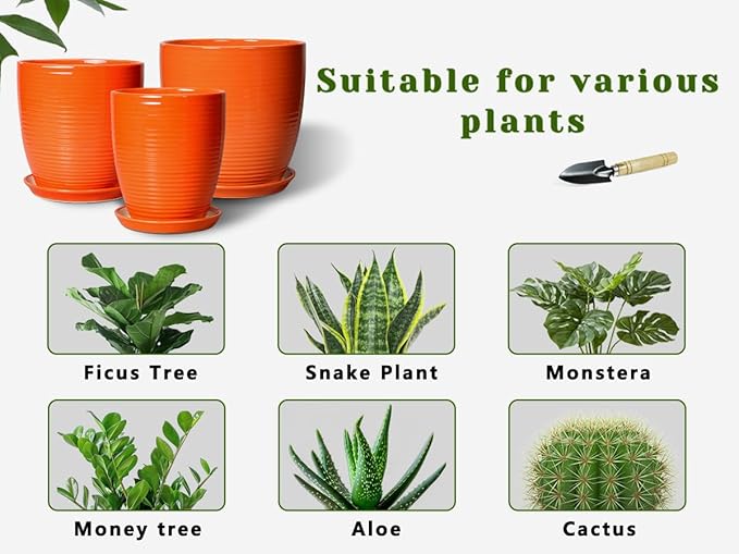 12 Inch Pots for Plants - Ceramic Plant Pots with Drainage Hole and Saucer, Modern Planter for Indoor Outdoor, Round Flower Planters, Porch Home Garden Decor, Gifts for Women, Orange