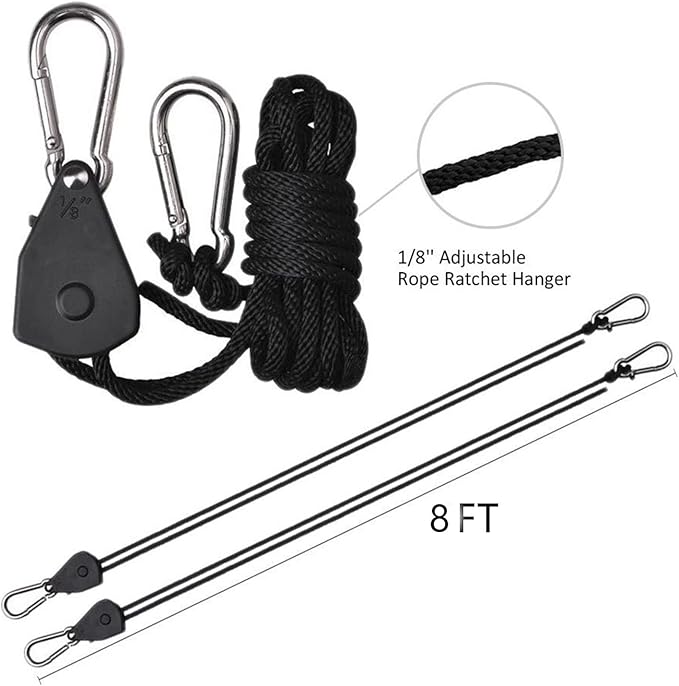 Grow Light Rope Hanger ,1/8" 8-Feet Long Heavy Duty Adjustable Rope Clip Hanger, Adjustable Rope Ratchet Hangers 150 Lbs per Pair (12 Pairs)