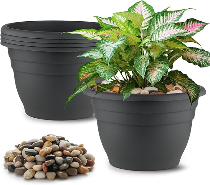 5 Lbs Rocks for Plants,5-Pack 10 Inch Plastic Plant Pots - Plant Planters with Drainage, Decorative River Rocks for Garden Landscaping, Flower Pots for Indoor Outdoor Plants, Succulents, and Herbs