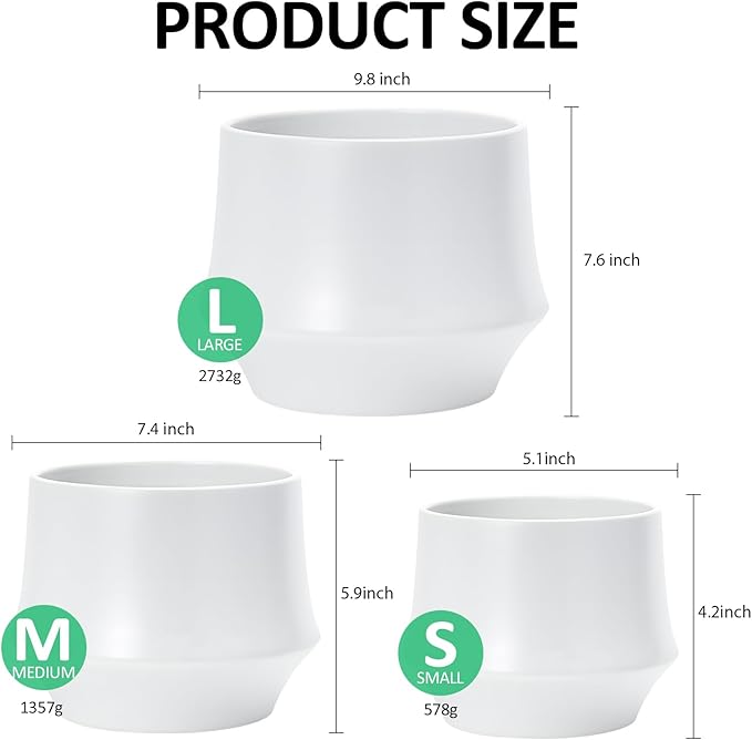 OXART Ceramic Plant Pots, 10/7.5/5.1 inch Planters Pots for Plants with Drainage Holes, Set of 3 Modern Round Decor Flower Pot for Plants Lilies, Cacti, Succulents, Snakes, and Pothos (White)