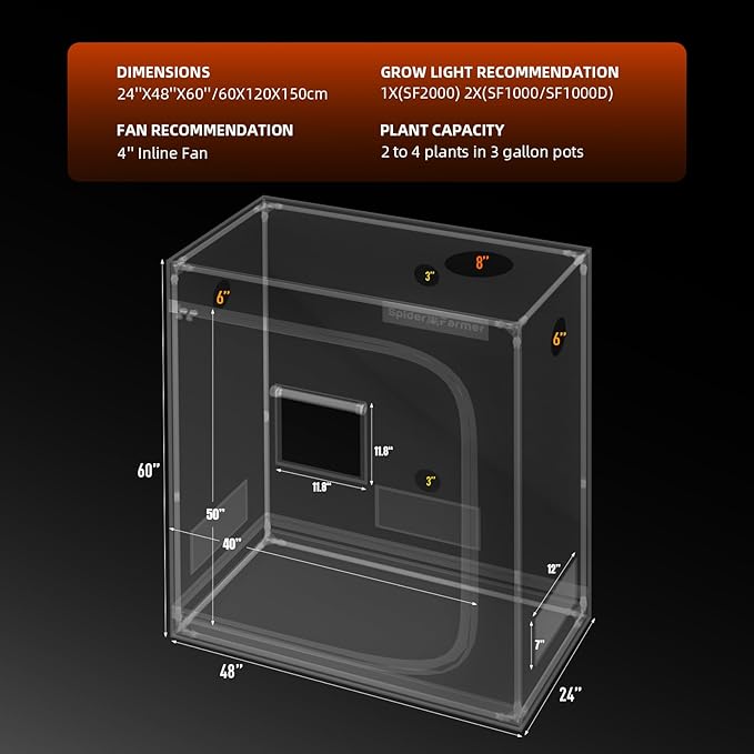 Spider Farmer 4x2 Grow Tent Pro-Grade, 48"x24"x60", with Observation Window and Floor Tray, 1680D Thicken Mylar Canvas, 4x2x5 for Indoor Hydroponic Growing for SF2000, SE4500, G4500