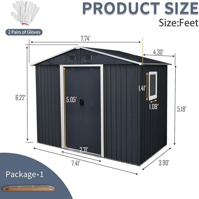Outdoor Storage Shed, 8x4ft Metal Storage Shed with Window and Metal Foundation, Lockable Sliding Door, All Weather Tilted Roof Tool Shed with Vents, for Backyard, Patio, Lawn