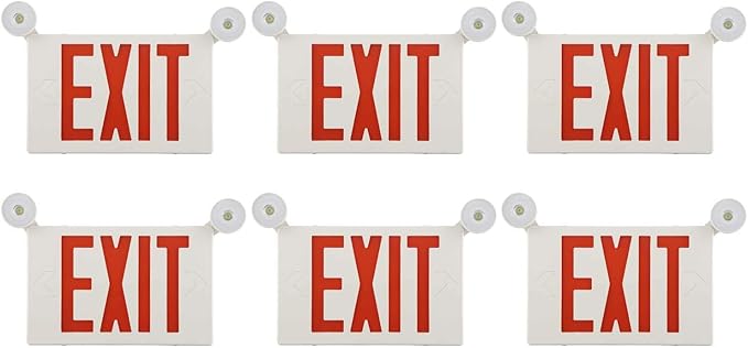 6 Pack Red Led Exit Sign with Emergency Lights withBattery Backp -Two LED Adjustable Head -120/277VAC-UL Listed-Exit Sign for Business - ABS Fire Resistance for Power Failure.