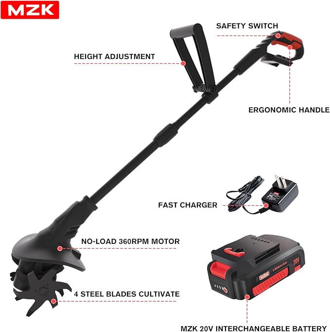 MZK 20V Cordless Tiller Cultivator with Steel Tines,8-inch Wide Battery Powered Garden Cultivator, 360RPM Electric Tiller for Lawn/Gardening/Soil Cultivation(2AH Battery&Charger Included),TC08D01