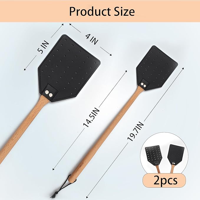 Fly Swatter - Long Hand Wood Fly Swatters with Hanging Rope, Heavy Duty Fly swatter for Home/Classroom/Office(Black)