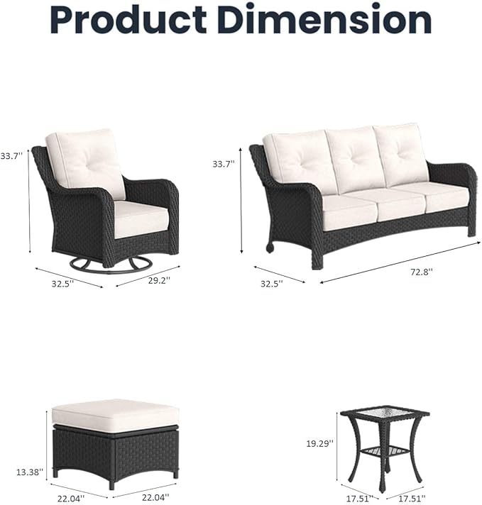 9 Pieces Outdoor Patio Furniture Sets with Rocking Swivel Chairs with 6-inch Thick Cushion and Side Table for Deck Lawn