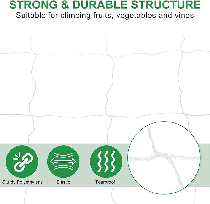 HARFINGTON Trellis Netting for Climbing Plants 14.8ft x 4.9ft 1 Strand Heavy Duty Garden Polyester Plant Support Net with 6"x6" Mesh for Fruits Vegetables Cucumber, White