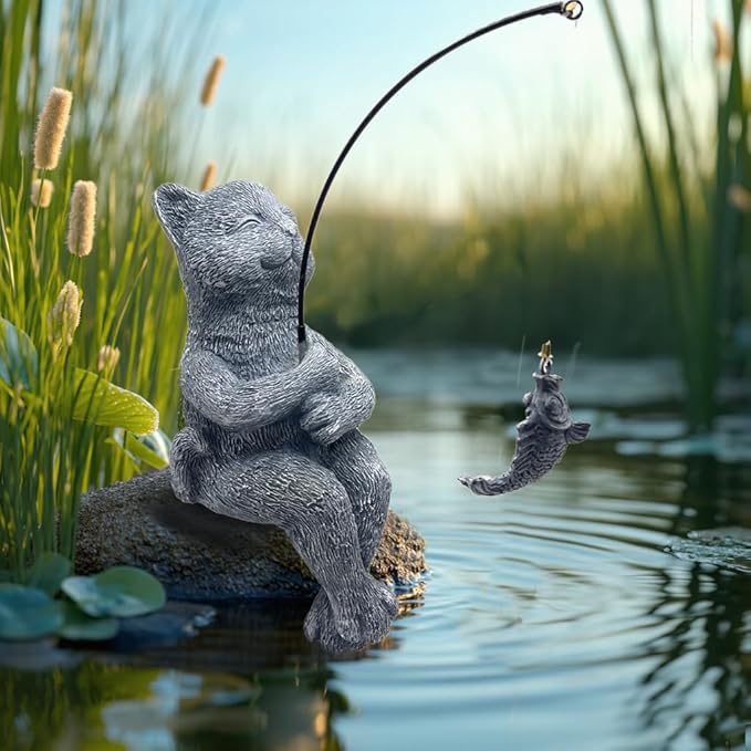 Cat Fishing Statue Garden Decor – 9.8" Weatherproof Resin Cat Fishing Sculpture Decor for Fish Ponds, Koi Ponds, Waterfalls, Poolside & Outdoor Gardens– Resin Figurine for Indoor & Outdoor Décor