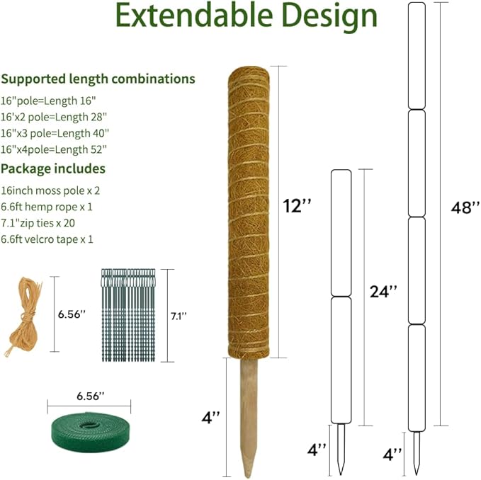 Moss Pole Monstera Plant Support: 4 Pack 16 inch Stackable Coco Coir Moss Totem Stake Tall Plants Rod Stand Grow Stick Moss Holder for House Live Plant,Indoor Climbing Potted,Vine,Pothos,Philodendron