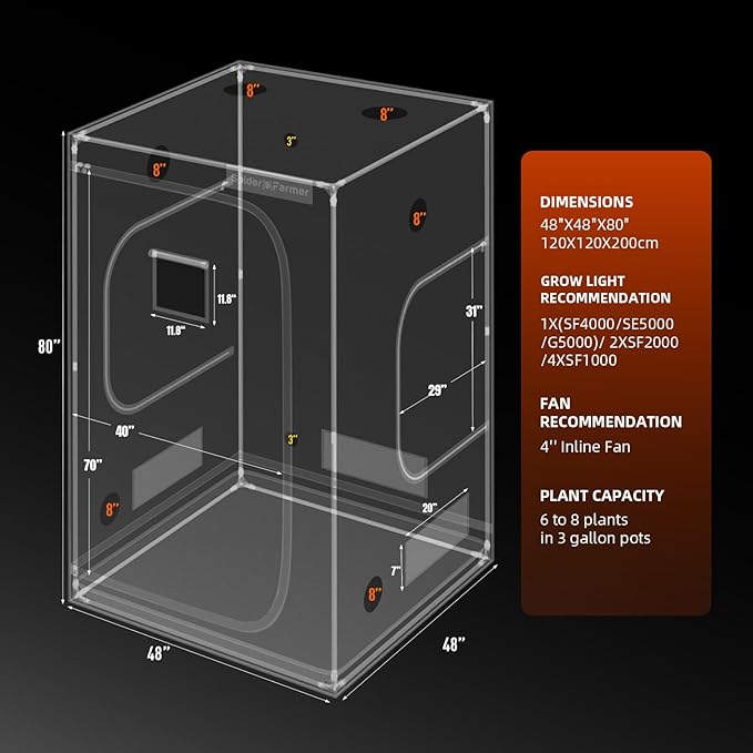Spider Farmer 4x4 Grow Tent Pro-Grade, 48"x48"x80", with Observation Window and Floor Tray, 1680D Thicken Mylar Canvas, 4x4x6.6 for Indoor Hydroponic Growing for SF4000, SE5000, G5000