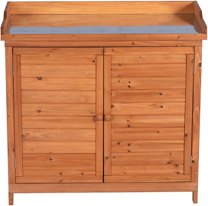 Outdoor Garden Patio Wooden Storage Cabinet Furniture Waterproof Tool Shed with Potting Benches Outdoor Work Station Table (Natural)