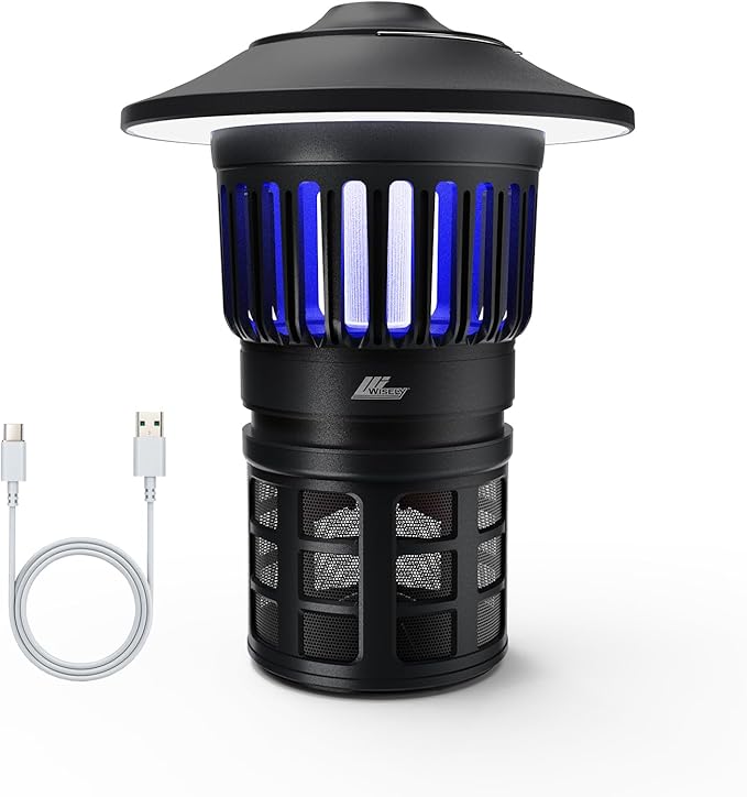 Wisely Fly Traps Outdoor - Rechargeable Cordless Flying Insect Trap IPX4 Waterproof with LED Light Adjustable - Catch Mosquitoes, Flies, Gnats, Wasps for Patio,Camping,Living Room,Home - Black