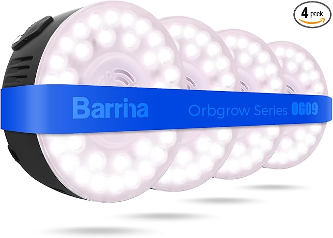 Barrina Orbgrow OG09 Puck LED Grow Light, Pinkish White 36W(4 x 9W, 540 Watt Equiv), Plant Lights for Indoor Plants Full Spectrum, Magnetic & Linkable, Small Grow lamp for Plant Shelf, 4 Packs, Black