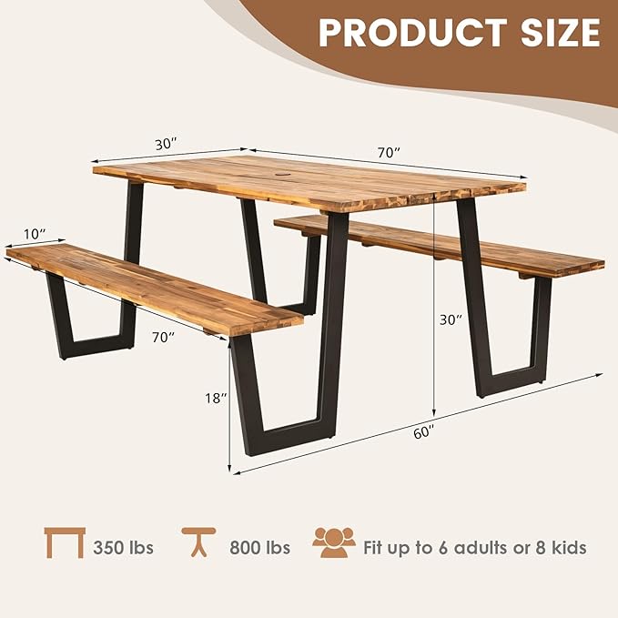 Tangkula Wooden Picnic Table, Outdoor Acacia Wood Picnic Table with 2 Built-in Benches, Umbrella Hole, Steel Frame, Outside Table and Bench Set for Garden, Backyard, Porch, Patio