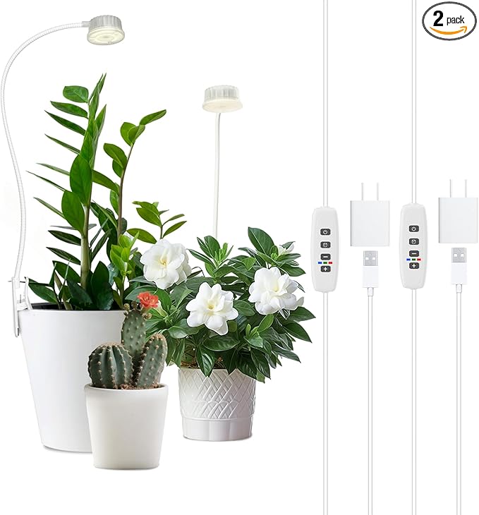 Shyineyou Small Grow Lights for Indoor Plants Full Spectrum,Plant Lights for Indoor Growing, Clip on Plant Grow Light with 3/9/12H Timer for Succulents,Small Plants, 2-Pack