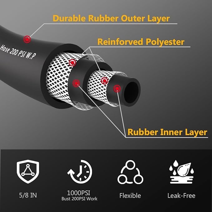 75FT 5/8 Heavy Duty Rubber Garden Hose - 200psi Working, 1000psi Burst - Hot/Cold Water - Five-Layered Braiding for Durability - Versatile for Gardening, Agriculture, Construction(Black)