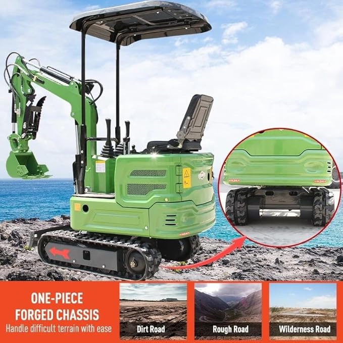 Mini Excavator for 1 Ton B&S Engine with Hydraulic Thumb Clamp,Standard Bucket, 200mm Bucket,Broken Hammer,Ripper, Mud Bucket, Rake, Auger, Quick Change Attachments (G 7 attachments)
