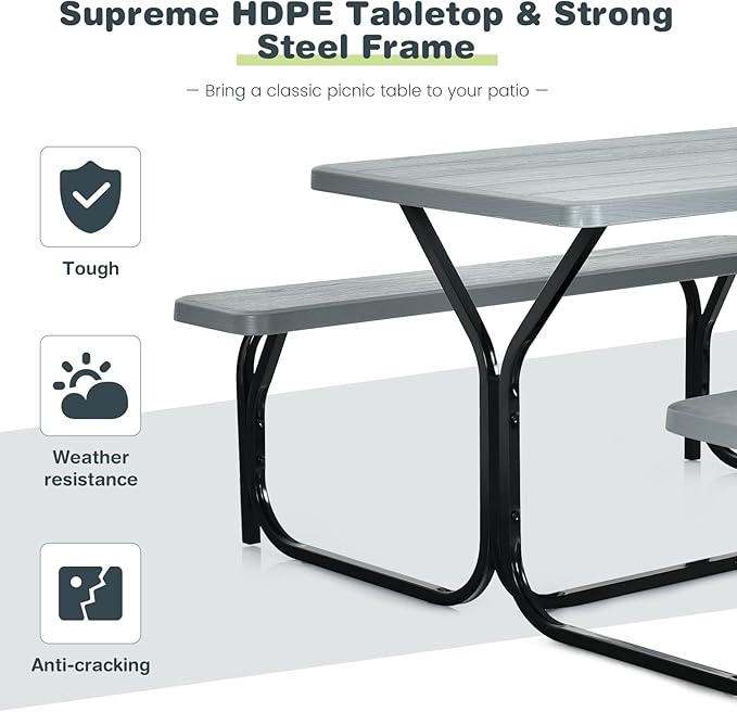 Moccha Picnic Table Bench Set - Portable Plastic Picnic Table w/Steel Frame & Wood-Like Texture, All Weather Heavy Duty Picnic Table Kit, Picnic Tables for Outdoors Garden Patio Party Dining (Grey)
