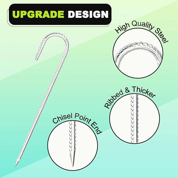 Kadrick Rebar Stakes 12 inch,J Hook Ground Stakes Anchors, 32-Pack White Galvanized Fence Stakes,Heavy Duty 5/16'' Diameter