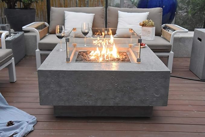 Elementi Manhattan Gas Fire Pit Bundle Concrete Fire Table, Outdoor Fire Pit Electronic Ignition | Canvas Cover, Lava Rock Included | Free AMS Wind Guard | Light Gray (Natural Gas)