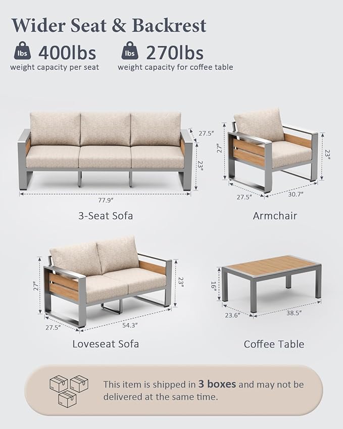 ZANDOR Aluminum Outdoor Patio Conversation Furniture Set, 4 PCS Metal Modern Outside Sectional Lawn Furniture with Coffee Table & Washable Thick Cushions,Seating Sofa for Garden/Backyard/Porch Silver