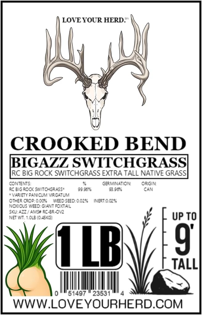 BigAzz Switchgrass Seed, Bulk RC Big Rock Variety, Extra Tall Drought-Tolerant Native Perennial Grass for Deer Habitat, Bedding Areas, Green Screens & Food Plots (1 Pound)