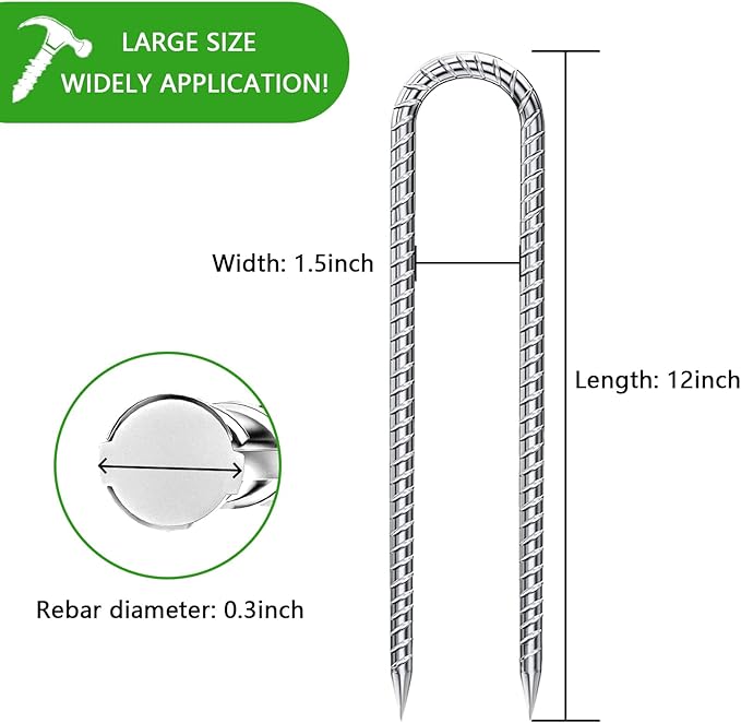 Rebar-Stakes-12-Inch-Galvanized, U Hook Trampoline Stakes 20 Pack Ground Anchors Tent Stakes Heavy Duty for Plants Anti-Rust Landscape Fabric Stakes Artificial Turf