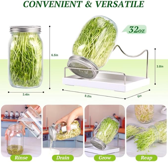 Sprouting Kit,Seed Sprouting Jar Kit,2Pcs Large Wide Mouth Mason Jar with 304 Stainless Steel Screen Sprout Lid,Sprout Jar Stand,Tray,Blackout Sleeves,Sprouts Growing Kit for Broccoli,Mung Bean
