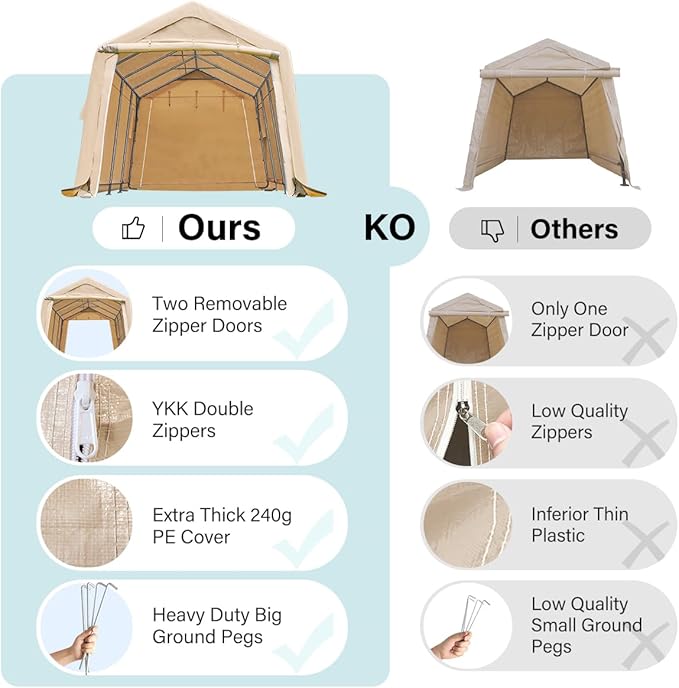 ADVANCE OUTDOOR Heavy Duty Carport 10X20 ft Outdoor Patio Portable Canopy Storage Shelter Shed with 2 Rolled up Zipper Doors & Vents for Snowmobile Garden Tools, Beige