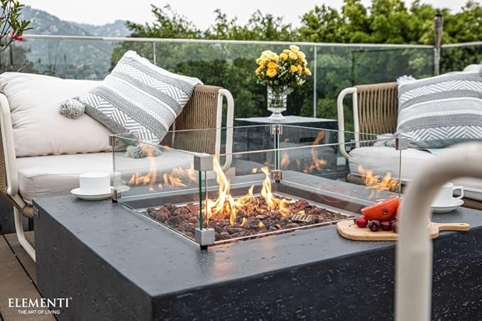 Elementi Manhattan Gas Fire Pit Cast Concrete Fire Table, Outdoor Fire Pit Electronic Ignition | Canvas Cover, Lava Rock Included | Free AMS Wind Guard | Dark Gray (Propane Gas)