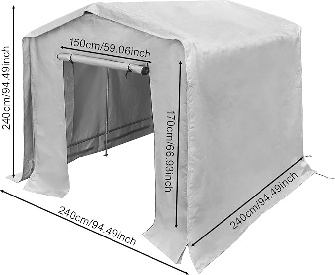 8x8x8 FT Outdoor Storage Shelter Carport, Portable Storage Tent with Roll-up Door, Waterproof Outdoor Carport for Bike, Lawn Mower, ATV Storage (Grey)