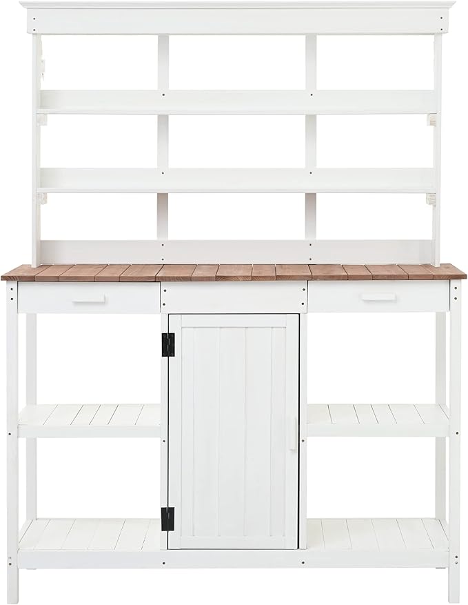 66" Outdoor Potting Bench Workstation - Farmhouse Style Wooden Garden Table with Drawers, Cabinet & Open Shelves (White + Solid Wood + naturalwood Color)