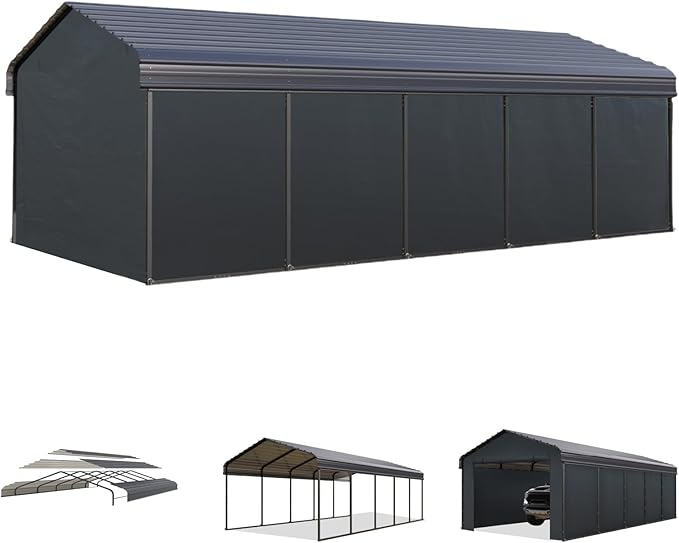 MFSTUDIO Carport 12x25 ft, Outdoor Heavy Duty Carports with Sidewalls, Metal Shed Canopy Shelters Garage Shelter Shade Car Ports with Galvanized Roof for Cars, Truck and Boats 