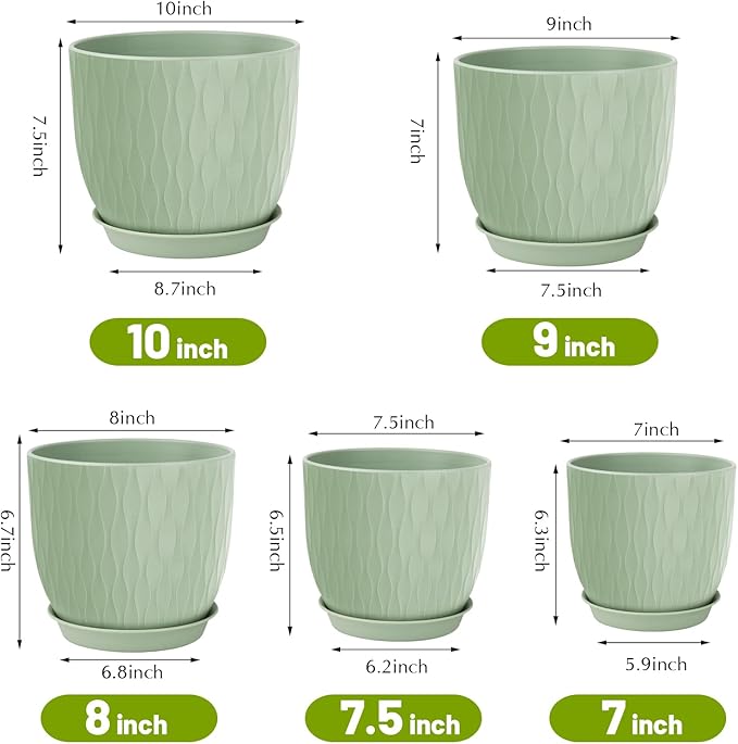 Plastic Plant Pots 10/9/8/7.5/7 inch Set of 5, Flower Planters with Drainage Holes and Saucers, Plastic Pots for Indoor Outdoor Plants, Livingroom Garden Decor (Green)