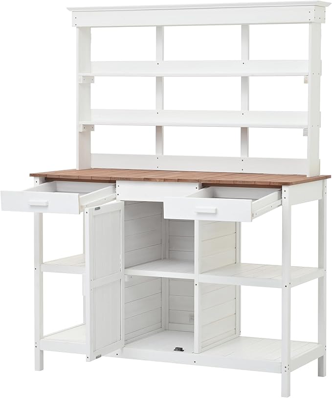 66" Outdoor Potting Bench Workstation - Farmhouse Style Wooden Garden Table with Drawers, Cabinet & Open Shelves (White + Solid Wood + naturalwood Color)