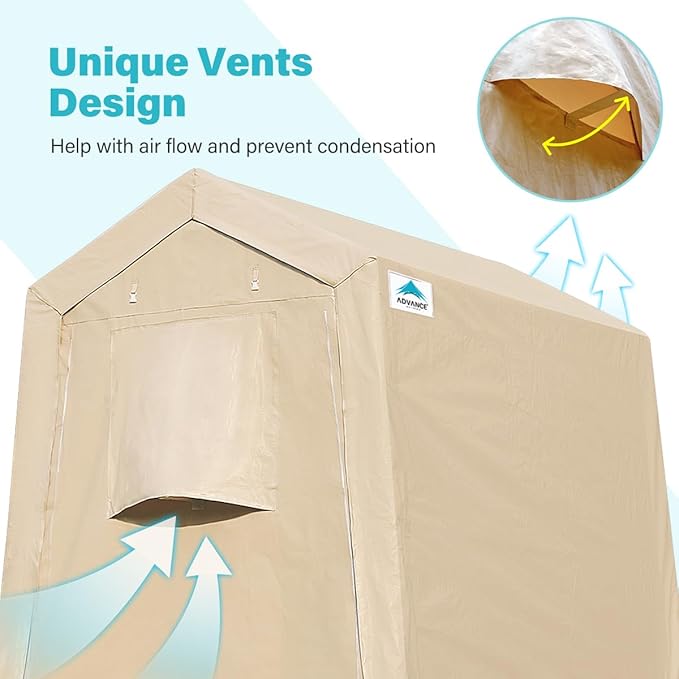 ADVANCE OUTDOOR 6X8 ft Outdoor Portable Storage Shelter Shed with 2 Rolled up Zipper Doors & Vents Carports for Motorcycle Waterproof and UV Resistant Portable Garage Kit Tent, Beige