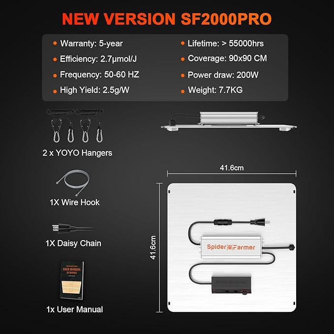 SPIDER FARMER SF2000Pro, Samsung LM301H EVO Led Grow Light, Full Spectrum Plant Grow Light, Dimmable & High Efficiency & Deeper Penetration Lamps for Seed Starting Vegetables Bloom in 3x3 Grow Tent