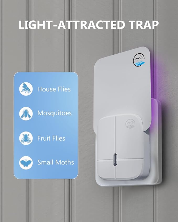 Flying Insect Trap, Plug-in Fruit Fly Trap, (1 Device +5 Glue Cards) Indoor Gnat Traps, 400 Sqft Protection Area, Suitable for Gnat, Moth, and Mosquito, and Can Used in Every Corner of Home