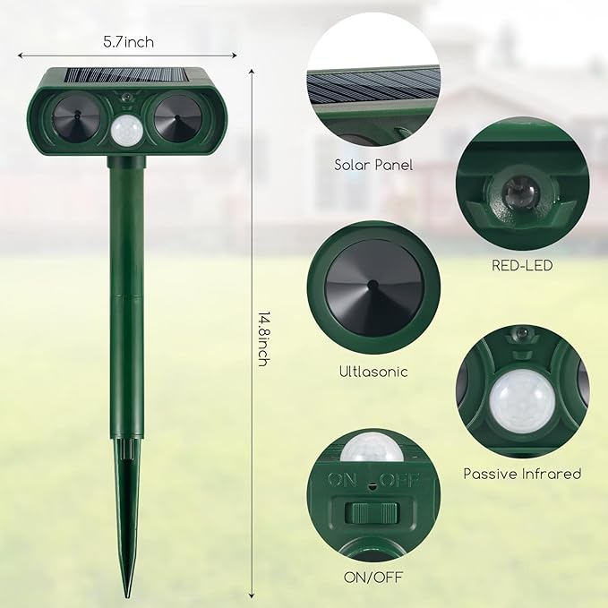 2025 Upgraded Solar Animal Repellent Ultrasonic Cat Repellent Outdoor Deer Repellent Devices Waterproof with Motion Sensor,Squirrel,Dog,Raccoon,Skunk,Rabbit,Coyote Deterrent for Yard, Garden, Patio