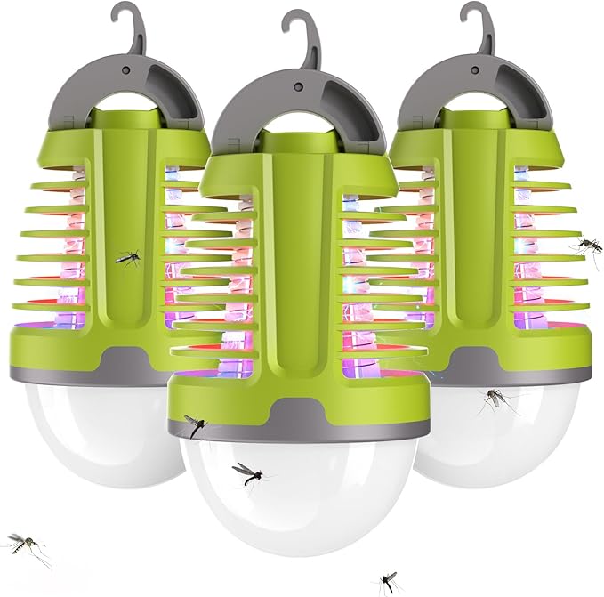 Portable Bug Zapper Outdoor Indoor, Electric Mosquito Fly Killer Lamp with Three Lighting Mode, USB Rechargeable Light Bulb Zapper for Camping, Home, Patio (3 Pack)