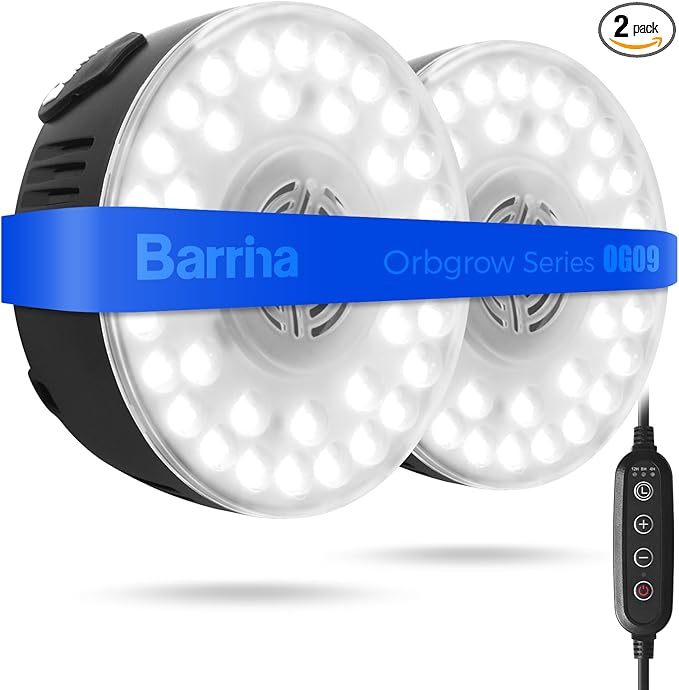Barrina Orbgrow OG09 Puck Grow Light, 5000K 18W(2 x 9W, 270 Watt Equiv), Full Spectrum Plant Light for Indoor Plants, Magnetic & Linkable with Timer, 5 Levels Dimmable for Plant Shelf, 2 Packs, Black