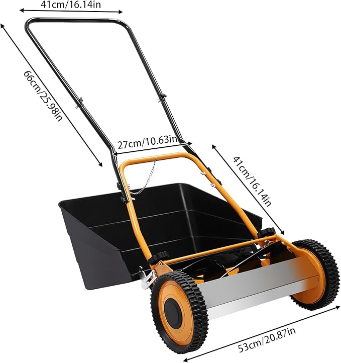Lawn Mower, Wheeled Reel Mower with Grass Catcher Adjustable Height Manual Reel Push Walk Behind Dual for Cottage, Residential, Backyard, Park Landscaping (16 Inch)