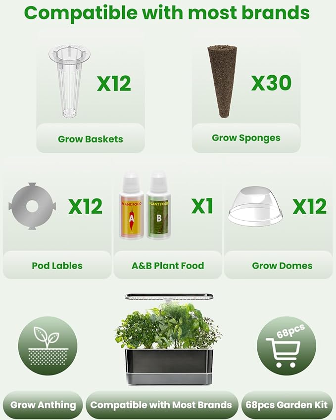 inbloom Grow Anything Seed Pod Kit for AeroGarden, Ahopegarden, GARDENCUBE, iDoo, MUFGA Hydroponic Growing System, 68 Pcs Indoor Garden Supply with 30 Grow Sponges, 12 Baskets, 12 Domes and 12 Labels