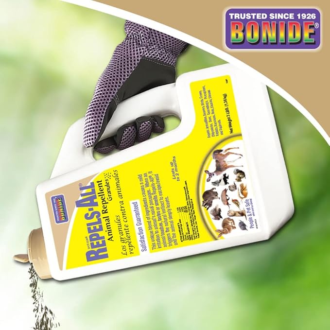 Bonide Repels-All Animal Repellent Granules, 3 lbs. Ready-to-Use Deer & Rabbit Repellent, Deter Pests from Lawn & Garden