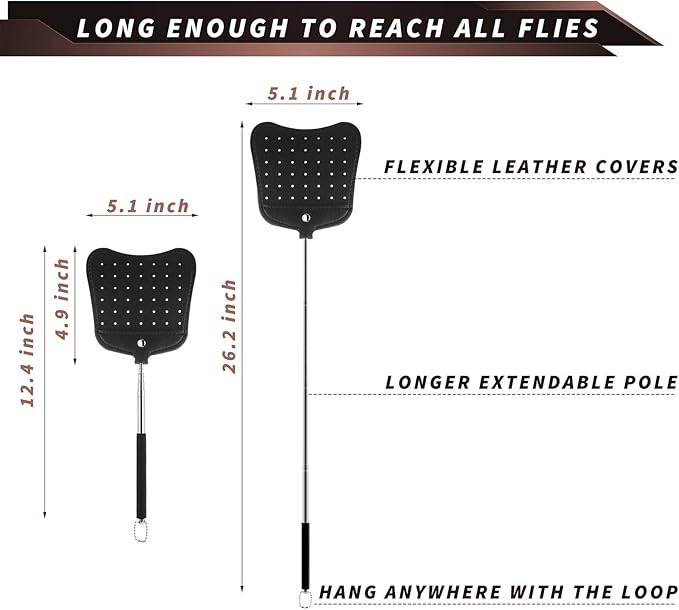 Foxany Leather Fly Swatter, Telescopic Fly Swatters Heavy Duty Set, Flexible Manual Flyswatters Pack, Extendable Swatter with Long Metal Handle for Indoor Outdoor, 2 Pack
