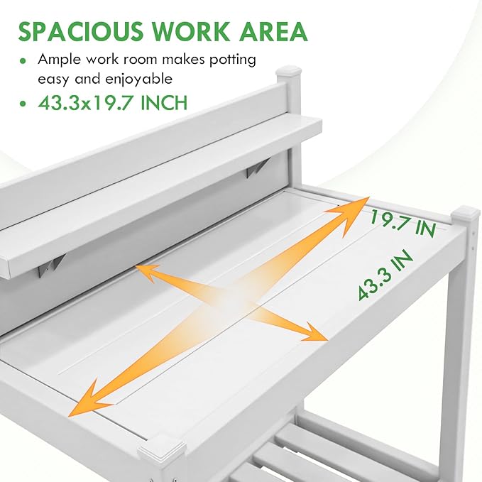 EAGLE PEAK Outdoor Indoor Maintenance Free Vinyl Garden Potting Bench, Waterproof Potting Table with Open Shelf, Lower Storage, 40inx21.6inx43.9in, White