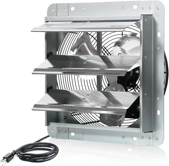 JVO 12 Inch Shutter Exhaust Fan 1450 CFM High-Powered Ventilation, Ideal for Attics, Greenhouses, Garages and Chicken Coops - Wall Mount for Easy Installation (12 inch Fan Wtih Power Cord)