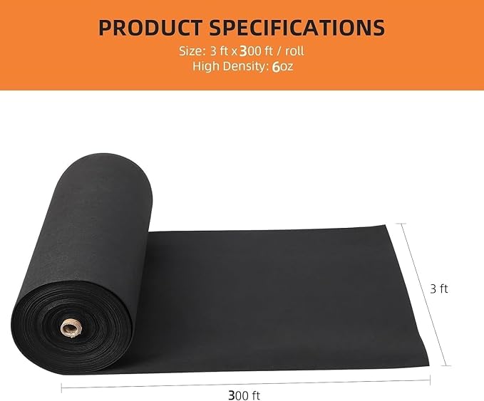 GAOMON Geotextile Landscape, 3ft x 300ft & 6oz Geotextile Fabric, PP Drainage 350N Tensile Strength & 440N Load Capacity, for Driveway & Road Stabilizationr, Erosion Control, French Drains, Black