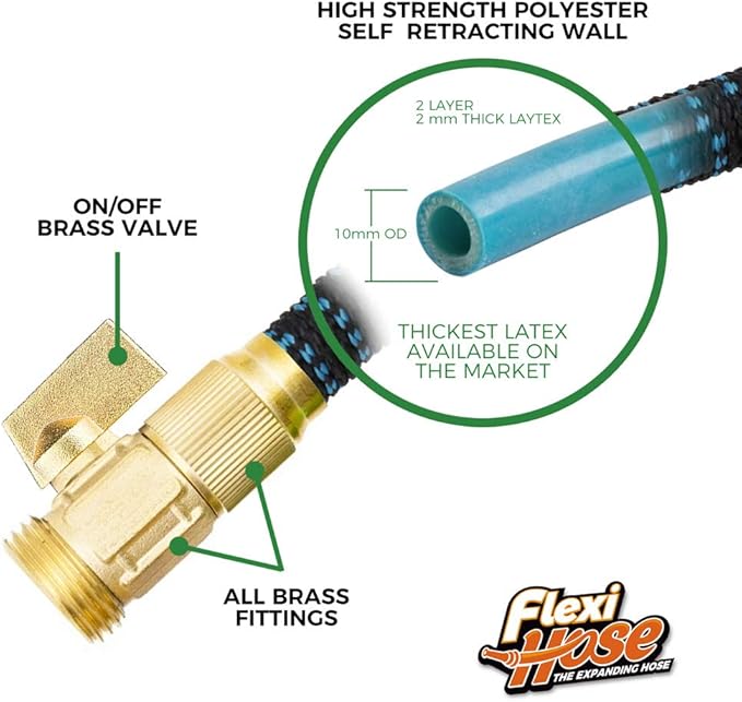 Flexi Hose with 8 Function Nozzle, 75FT - Lightweight Expandable Garden Hose, No-Kink Flexibility, 3/4 Inch Solid Brass Fittings and Double Latex Core